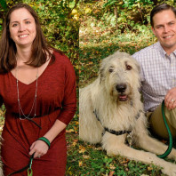 Irish Wolfhound Desmond is pet partners with Eileen and Bryan