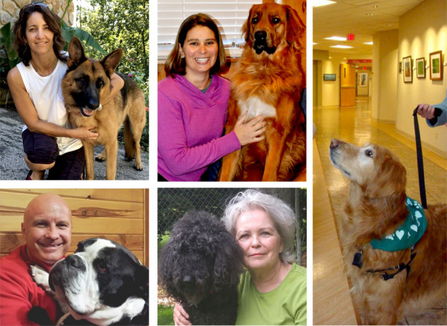 Collage of pet partner team photos who visit hospitals (people and dogs)